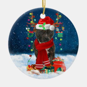 Staffordshire Bull Terrier in Snow with Christmas  Ceramic Tree Decoration