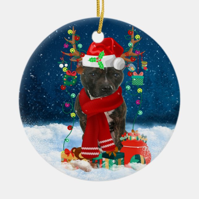 Staffordshire Bull Terrier in Snow with Christmas  Ceramic Tree Decoration (Front)