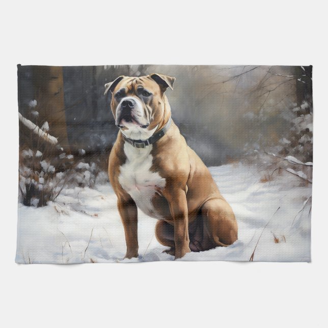 Staffordshire Bull Terrier Let It Snow Christmas Tea Towel (Horizontal)
