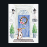 Staffordshire Bull Terrier Moving Announcement Postcard<br><div class="desc">Announce your new address with our stylish announcement featuring a Staffordshire Bull Terrier,  blue front door,  welcome mat,  slate sign,  topiaries and a floral wreath set on a grey brick background.</div>