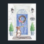 Staffordshire Bull Terrier Moving Announcement Postcard<br><div class="desc">Announce your new address with our stylish announcement featuring a Staffordshire Bull Terrier,  blue front door,  welcome mat,  slate sign,  topiaries and a floral wreath set on a grey brick background.</div>