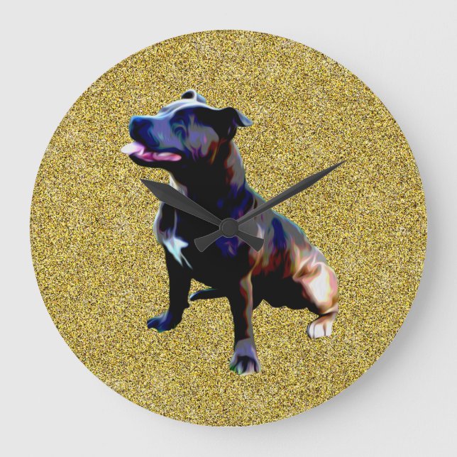 Staffordshire Bull Terrier On Gold, Large Clock (Front)