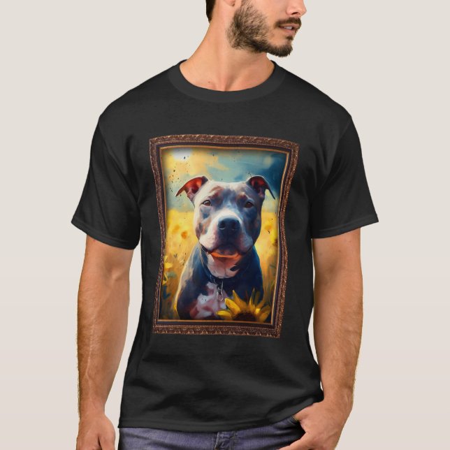 Staffordshire Bull Terrier Painting Sunflower Flow T-Shirt (Front)