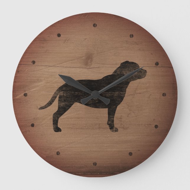 Staffordshire Bull Terrier Silhouette Rustic Style Large Clock (Front)