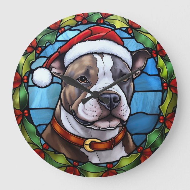 Staffordshire Bull Terrier Stained Glass Christmas Large Clock (Front)