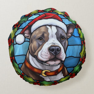 Staffordshire Bull Terrier Stained Glass Christmas Round Cushion