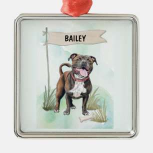 Staffordshire Bull Terrier Watercolor Personalised Metal Tree Decoration