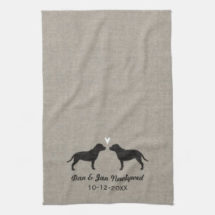 Staffordshire Bull Terriers with Heart and Text Tea Towel