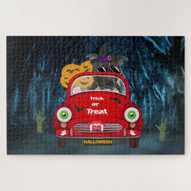 Staffordshire Dog Driving Car Scary Halloween Jigsaw Puzzle (Horizontal)