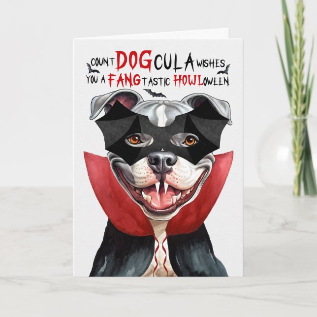 Staffordshire Dog Funny Count DOGcula Halloween Holiday Card (Front)