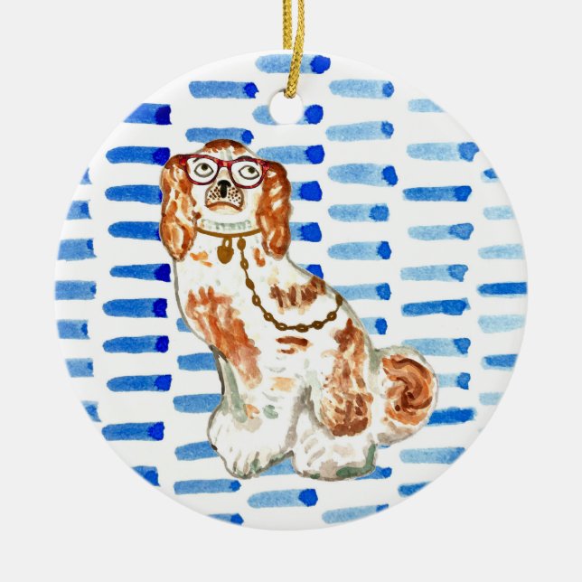 Staffordshire dog on blue Ceramic Ornament (Front)