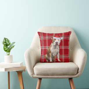 Staffordshire Dog Red Plaid Christmas Holiday Cushion