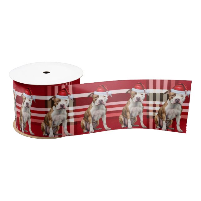 Staffordshire Pit Red Plaid Funny Dog Christmas Satin Ribbon (Spool)