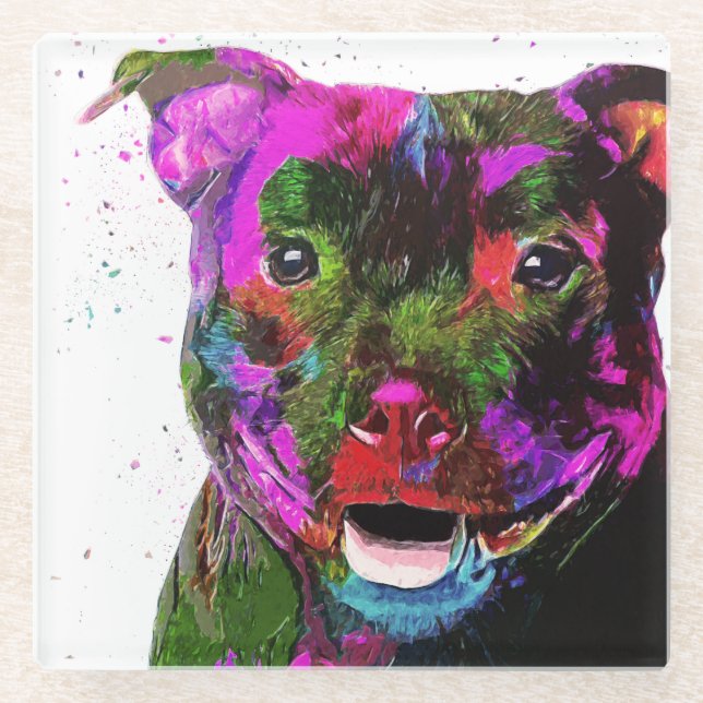Staffordshire Terrier Colourful Pop Art Glass Coaster (Front)