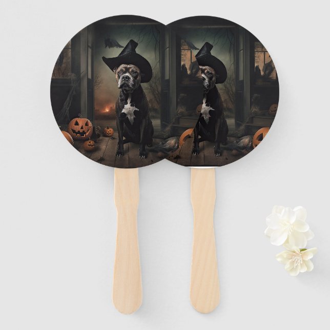 Staffordshire Terrier Pumpkins Halloween Scary  Hand Fan (Front and Back)