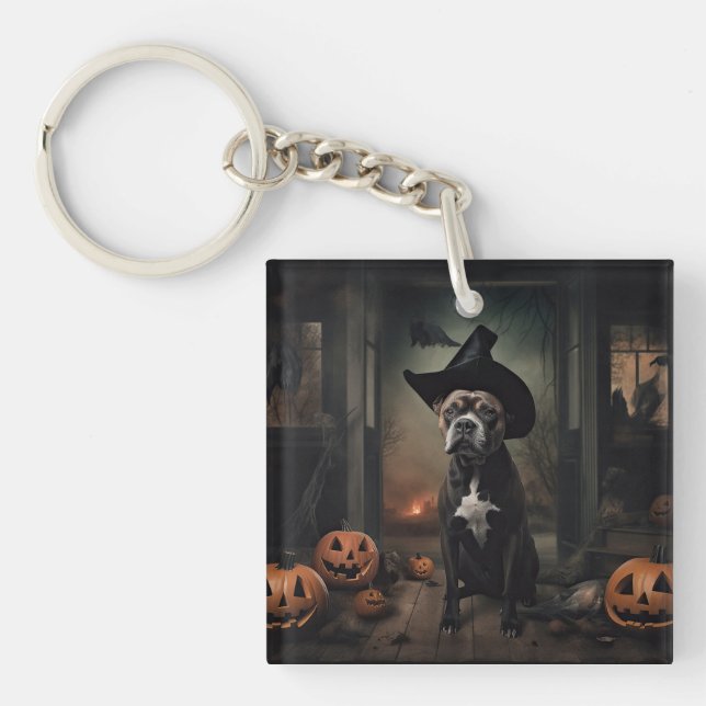 Staffordshire Terrier Pumpkins Halloween Scary  Key Ring (Front)