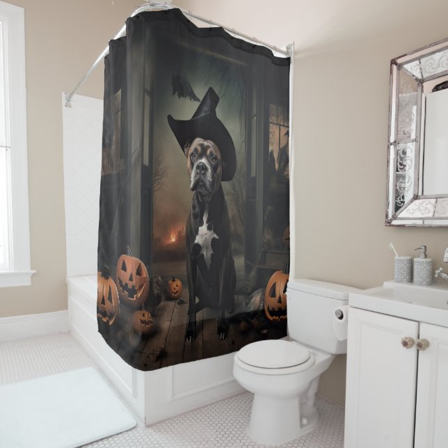 Staffordshire Terrier Pumpkins Halloween Scary  Shower Curtain (In Situ)