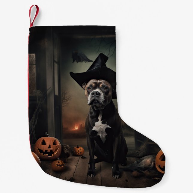 Staffordshire Terrier Pumpkins Halloween Scary  Small Christmas Stocking (Front)
