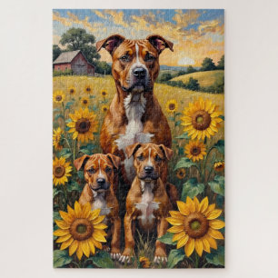 Staffordshire Terrier Sunflower Field Art Jigsaw Puzzle