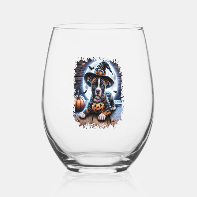 Staffy Dog Halloween Square Stemless Wine Glass (Front)