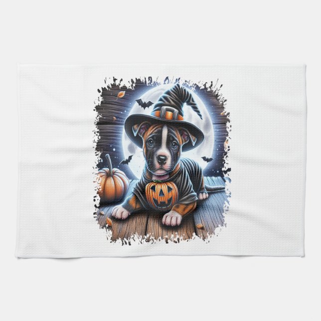 Staffy Dog Halloween Square Tea Towel (Horizontal)