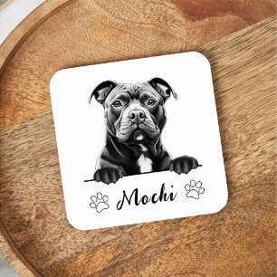 Staffy Dog Hand Drawing Personalised Square Paper Coaster