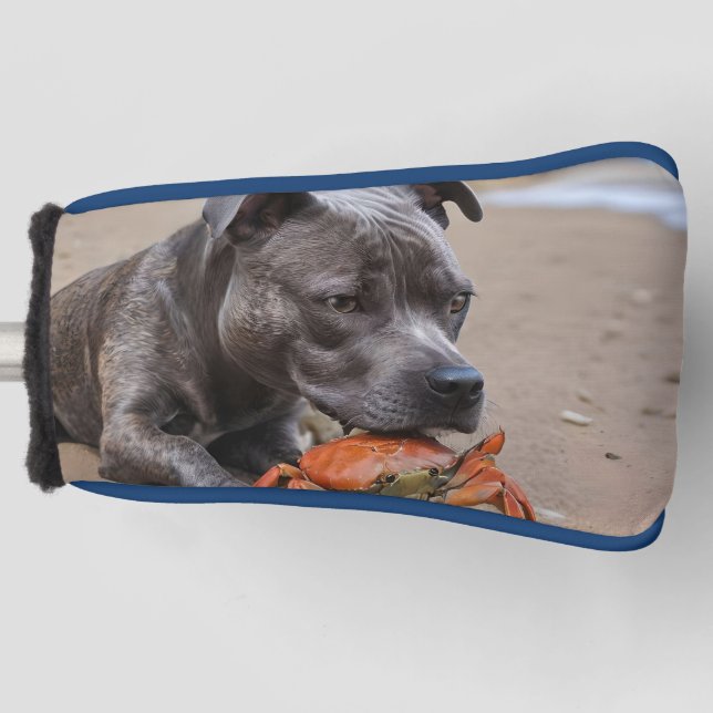 Staffy Is Friends With A Beach Crab, Golf Head Cover (Front)