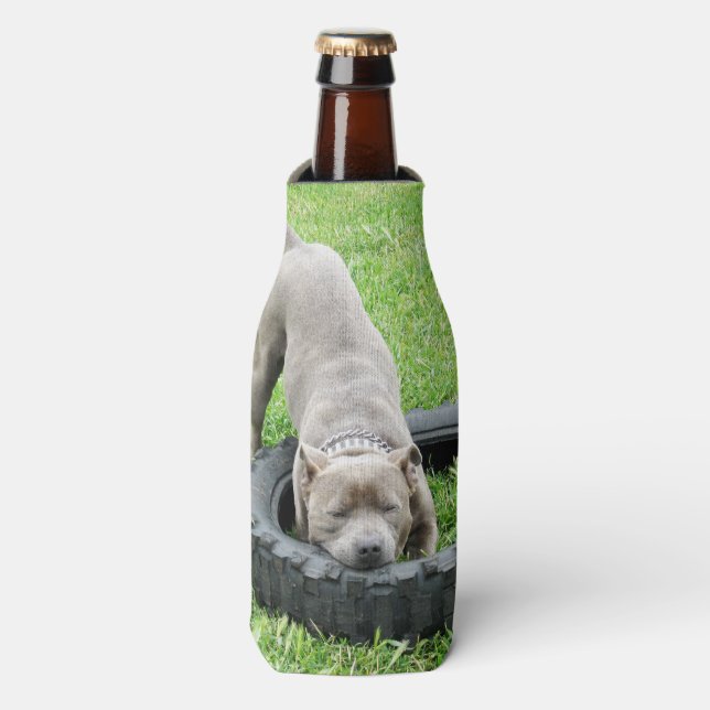 Staffy Playing With Tyre, Bottle Cooler (Bottle Front)