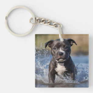 Staffy Puppy Splashing In The Sea, Key Ring