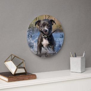Staffy Puppy Splashing In The Sea, Large Clock