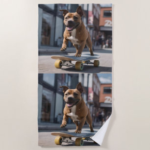 Staffy Skateboarder, Beach Towel