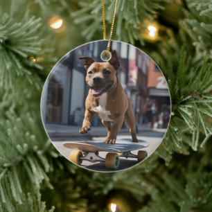 Staffy Skateboarder, Ceramic Tree Decoration