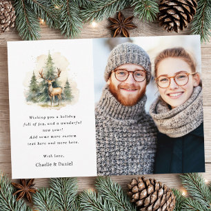 Stag and Christmas trees watercolor photo Holiday Card