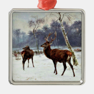Stag and Doe in a Snowy Landscape Metal Tree Decoration