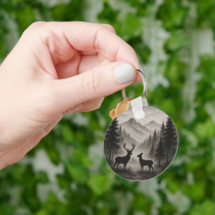 Stag and Doe in Misty Forest Key Ring