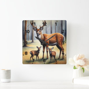 Stag And Fawns In Forest Wild Animals Square Wall Clock