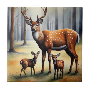 Stag And Fawns In Forest Wild Animals Tile