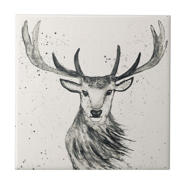 Stag animal vintage black and white Wildlife  Tile (Front)