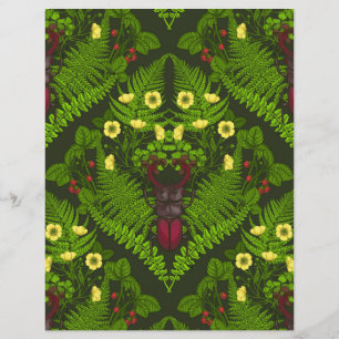 Stag beetle and ferns, green leaves