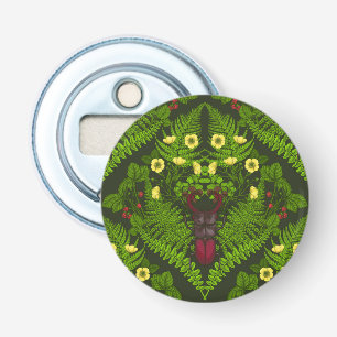Stag beetle and ferns, green leaves bottle opener