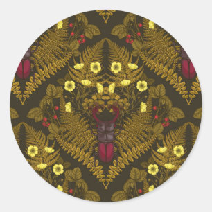 Stag beetle and ferns, green leaves classic round sticker