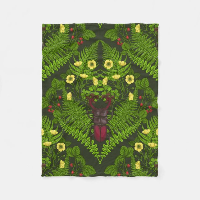 Stag beetle and ferns, green leaves fleece blanket (Front)
