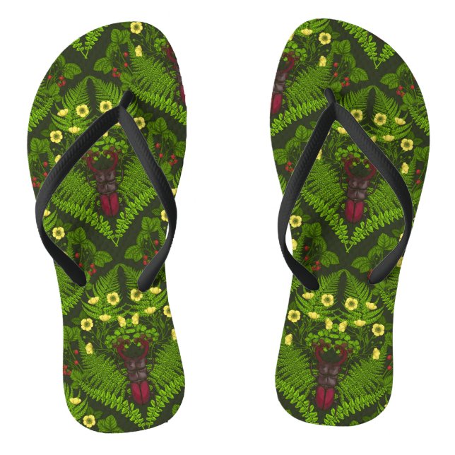 Stag beetle and ferns, green leaves flip flops (Footbed)