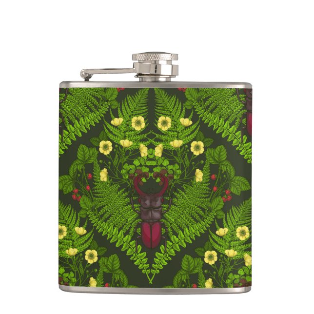 Stag beetle and ferns, green leaves hip flask (Front)