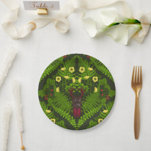 Stag beetle and ferns, green leaves paper plate