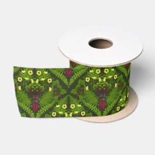 Stag beetle and ferns, green leaves satin ribbon