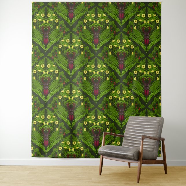 Stag beetle and ferns, green leaves tapestry (In Situ)