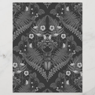 Stag beetle and ferns, in black and white