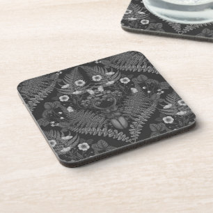 Stag beetle and ferns, in black and white coaster