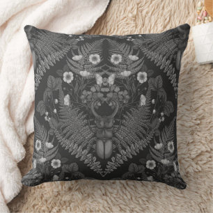 Stag beetle and ferns, in black and white cushion